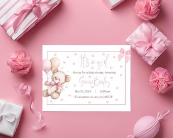 Baby Shower Invitation | Digital Invitation Template | It’s a Girl Baby Shower | Pink Baby Shower Invitation | Girl Baby Shower