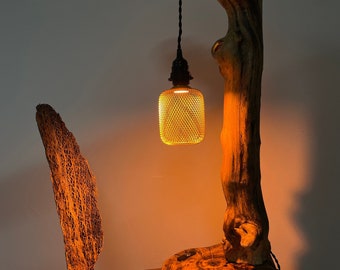 Handmade natural wooden lamp, original design, vintage external bulb and two bulbs inserted into the wood, unique piece!