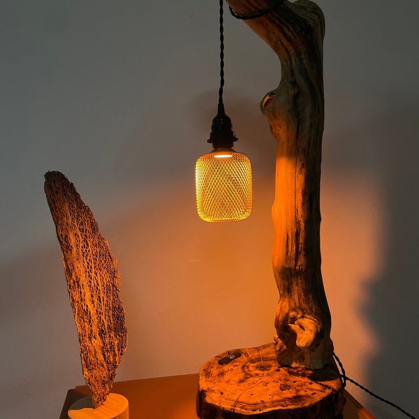 Handmade natural wooden lamp, original design, vintage external bulb and two bulbs inserted into the wood, unique piece!