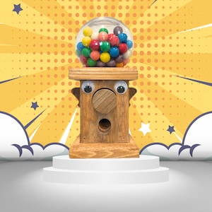 Handmade Wooden Gumball Dispenser: Nostalgic Candy Machine with Mustaches