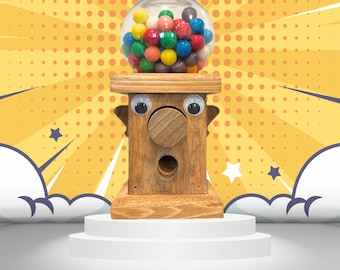 Handmade Wooden Gumball Dispenser: Nostalgic Candy Machine with Mustaches