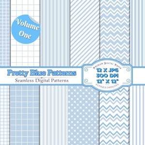 Hübsche blaue Muster Vol. 1 Digitale Dekorpapiere mit 12 wichtigen Mustern - darunter Streifen, Gingham, Karos, Chevrons, Kreuze