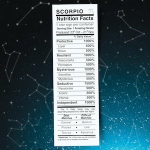 Scorpio Zodiac Horoscope Bookmark ~ Nutritional Label ~ Personality Ingredients ~ Funny Astrology Book Lovers Bookish Gifts