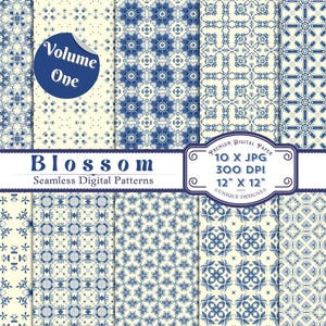 Blossom ~ Vol. 1 - Papeles decorativos digitales, 10 patrones únicos sin costuras, 12 x 12 - Encuadernación, álbumes de recortes y diarios - Azul Delft y crema