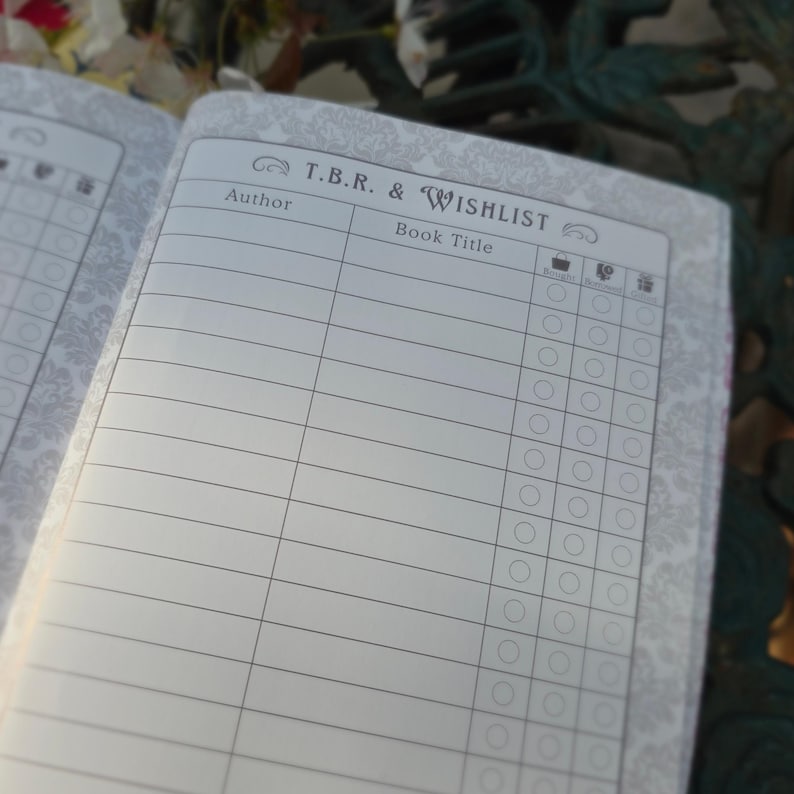 May include: Open notebook with lined pages for recording book titles and authors. The top of the page reads "T.B.R. & Wishlist". The notebook has a decorative floral border. The pages are white with gray lines and text.