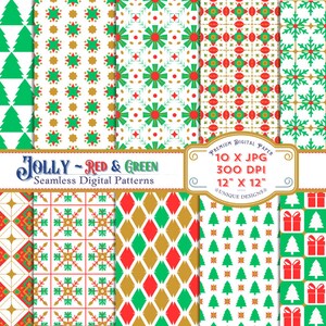 Jolly ~ Vol. 2 - Papeles decorativos digitales 10 patrones únicos sin costuras 12x12 - Encuadernación, álbumes de recortes, diarios y decoupage - Rojo, verde y dorado