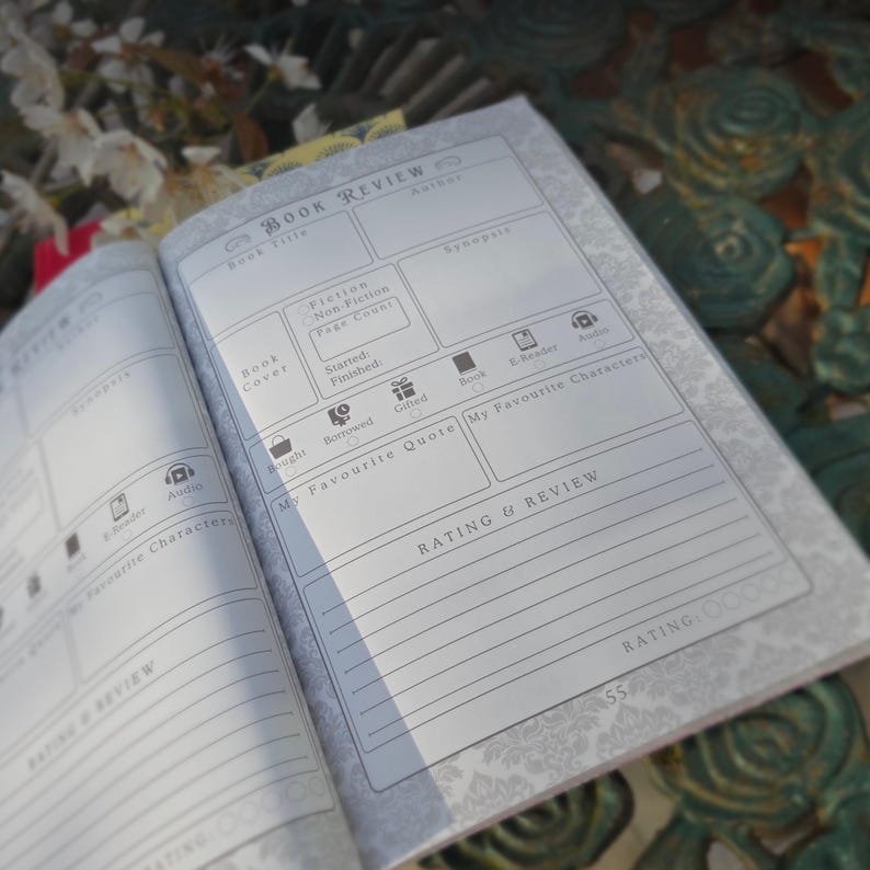 May include: Open book review journal with a floral patterned border. The journal has sections for book title, author, synopsis, and rating. Includes icons for audio, e-reader, and book.