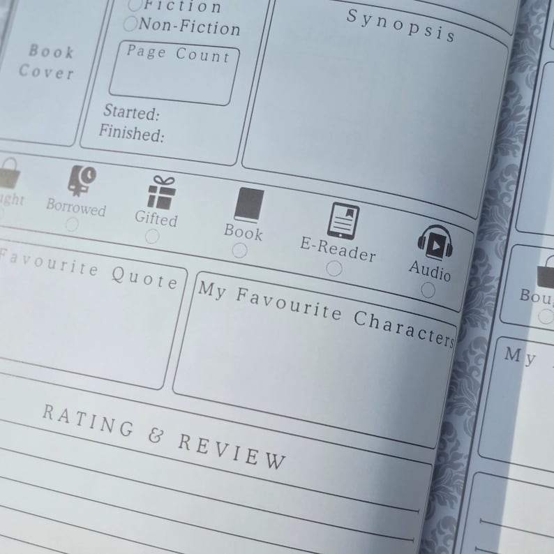 May include: Close-up of a book journal page with sections for recording book details. Features include fields for 'Fiction' or 'Non-Fiction', 'Page Count', 'Synopsis', and 'Rating & Review'. Includes icons for 'Book', 'E-Reader', and 'Audio'.