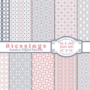 Bendiciones - Papeles decorativos digitales - 10 patrones únicos sin costuras de 30,5 x 30,5 cm - Encuadernación, álbumes de recortes, diarios y decoupage - Rosa, azul y gris