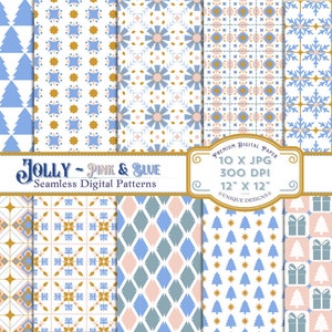 Jolly ~ Vol 1 - Papéis Decorativos Digitais 10 Padrões Sem Costura Exclusivos 12x12 - Encadernação de Livros Scrapbooks Diários Decoupage - Azul Rosa Verde
