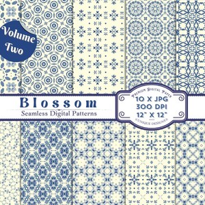 Blossom ~ Vol. 2 - Papeles decorativos digitales, 10 patrones únicos sin costuras, 30x30 cm - Encuadernación, álbumes de recortes y diarios - Azul Delft y crema