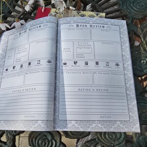 May include: Open book with pages labeled "Book Review." Each page has sections for book title, author, synopsis, and rating. Includes checkboxes for fiction/non-fiction, and icons for bought, borrowed, gifted, book, e-reader, and audio.