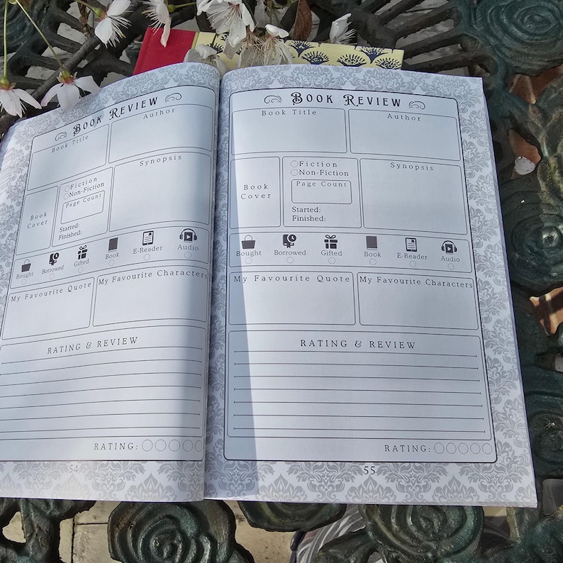 May include: Open book with pages labeled "Book Review." Each page has sections for book title, author, synopsis, and rating. Includes checkboxes for fiction/non-fiction, and icons for bought, borrowed, gifted, book, e-reader, and audio.