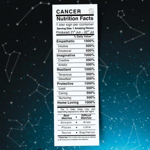Cancer Zodiac Horoscope Bookmark ~ Nutritional Label ~ Personality Ingredients ~ Funny Astrology Book Lovers Bookish Gifts
