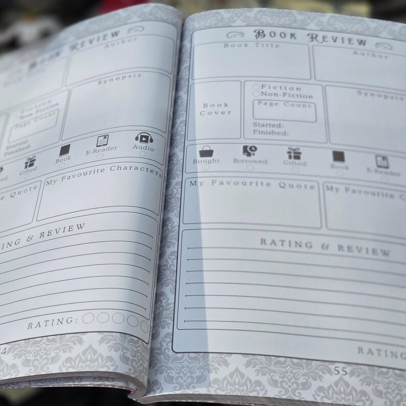 May include: Open notebook with book review pages. The pages have sections for book title, author, synopsis, and rating. There are also checkboxes for fiction/non-fiction, and icons for book, e-reader, and audio.