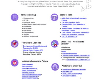 Childhood Trauma Healing 101 Quickstart Digital Resource Guide; 1-page PDF Cheat Sheet with Links to Tools, Terms, Books, Therapies, More
