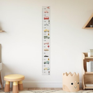 Stickers muraux pour chambre de bébé avec tableau des hauteurs de véhicules de transport