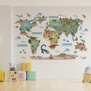 Sticker mural carte du monde des dinosaures pour chambre d'enfant