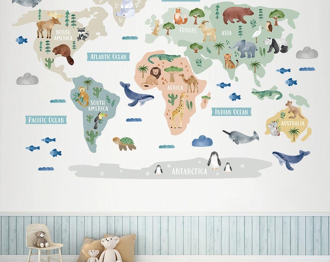 Large Animal World Map Nursery Wall Sticker