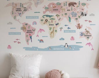 Animal World Map Nursery Wall Sticker - Blush