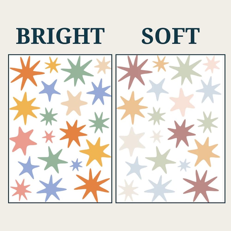 Op de afbeelding: Twee rechthoekige panelen met stervormen. Het linkerpaneel met het label BRIGHT bevat sterren in levendig oranje, geel, groen en blauw. Het rechterpaneel met het label SOFT toont sterren in gedempte pasteltinten van roze, perzik, groen en blauw.