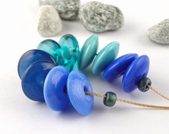 Sweet Blues Colorway Beads, 13mm Artisan lampwork glass Disk Beads, Jewelry Designer Supplies, Earring Bead Pairs