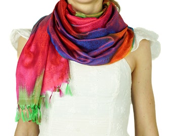 Foulard femme 100% soie naturelle, écharpe, élégant, cadeau, design, couleur, léger, silk, scarf, turquoise, vert, orange, rouge, rose, bleu