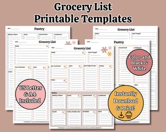 Lista de compras floral boho para imprimir, planejador de refeições (tamanhos Carta e A4)