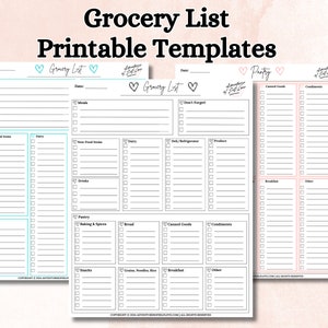 Pode incluir: Modelos de listas de compras imprim&iacute;veis com se&ccedil;&otilde;es para refei&ccedil;&otilde;es, itens n&atilde;o aliment&iacute;cios, latic&iacute;nios e muito mais. Os modelos s&atilde;o em tons de azul e rosa, com o texto "Grocery List Printable Templates" no topo.
