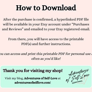 Pode incluir: Gr&aacute;fico rosa claro com o t&iacute;tulo "How to Download". O texto explica como aceder a um PDF imprim&iacute;vel ap&oacute;s a compra, dispon&iacute;vel na conta Etsy. Inclui uma mensagem de agradecimento e informa&ccedil;&otilde;es do blog.