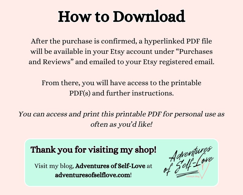 Pode incluir: Gr&aacute;fico rosa claro com o t&iacute;tulo "How to Download". O texto explica como aceder a um PDF imprim&iacute;vel ap&oacute;s a compra, dispon&iacute;vel na conta Etsy. Inclui uma mensagem de agradecimento e informa&ccedil;&otilde;es do blog.