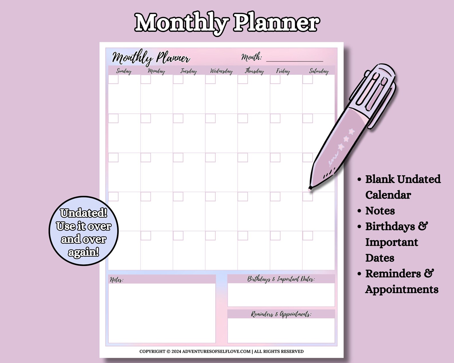 Daily Weekly Monthly Printable Planner Bundle, Pink, Purple, Undated ...