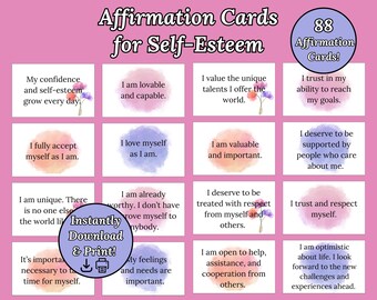 Self Esteem Affirmation Cards, 88 Printable Daily Affirmations (PDF)