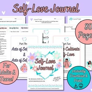 Diario de amor propio, plantilla de diario imprimible guiada, indicaciones para escribir un libro de ejercicios de amor propio, diario de cuidado personal, adultos y adolescentes, tamaño carta de EE. UU., A4, A5