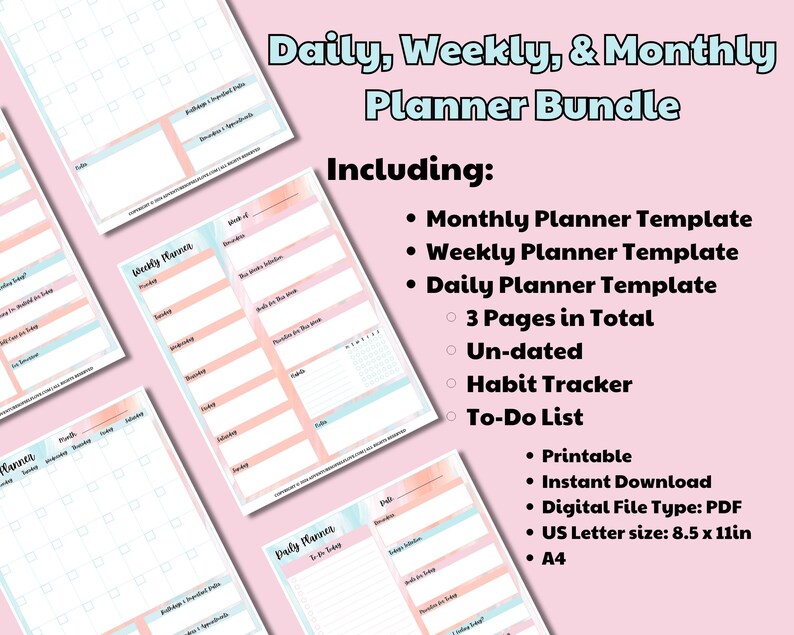 Planner Includes Undated Daily Weekly Monthly Planner Bundle, Productivity Printables ...