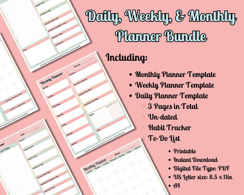 Daily Weekly Monthly Printable Planner Bundle, Undated Planner ...