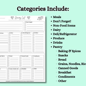 Pode incluir: Uma lista de compras imprim&iacute;vel em branco com se&ccedil;&otilde;es para refei&ccedil;&otilde;es, latic&iacute;nios, produtos e muito mais. A lista inclui o texto "Grocery List" e "Categories Include:" em um fundo verde claro.