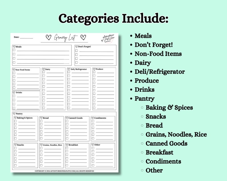 Pode incluir: Uma lista de compras imprim&iacute;vel em branco com se&ccedil;&otilde;es para refei&ccedil;&otilde;es, latic&iacute;nios, produtos e muito mais. A lista inclui o texto "Grocery List" e "Categories Include:" em um fundo verde claro.