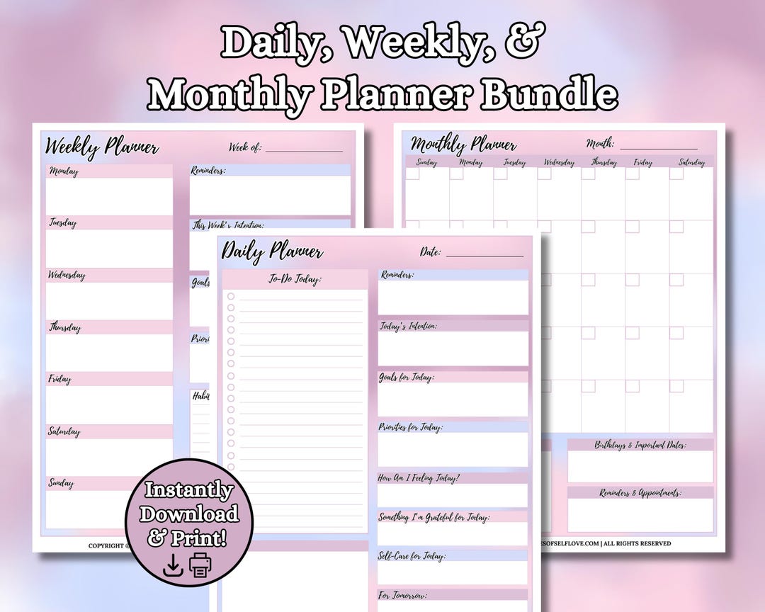 Pink & Purple Printable Planner Bundle, Daily, Weekly, Monthly (PDF) - Etsy