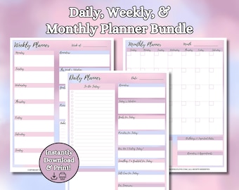 May include: A printable bundle of daily, weekly, and monthly planner pages. The pages are designed with a pink and blue gradient background and feature sections for goals, reminders, and appointments.