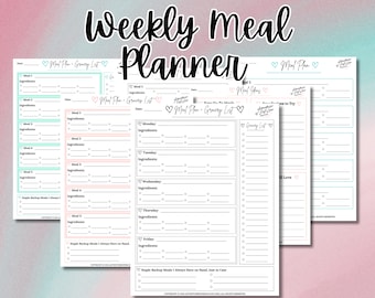 Weekly Meal Planner Printable, Grocery List Bundle (PDF)