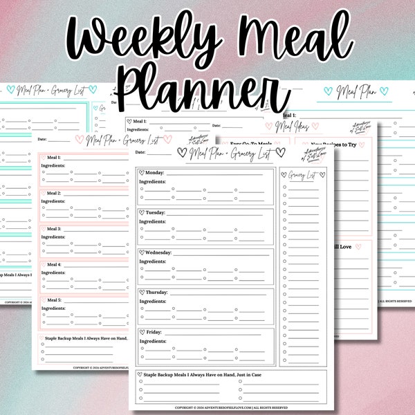 Weekly Meal Planner Printable Template, Meal Plan and Grocery List, PDF, Letter Size