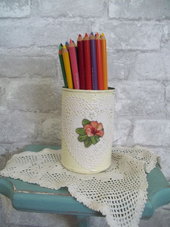 Painted Tin Can Pencil Holder Decoupage French Farmhouse Etsy
