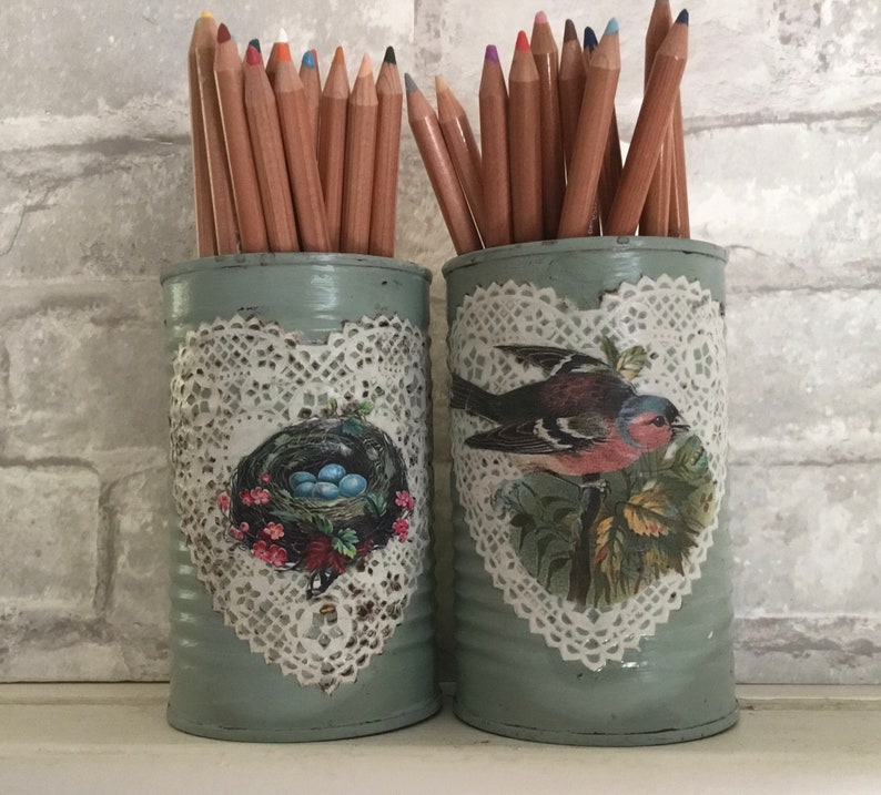 Upcycled Painted Tin Can Set of 2 Decoupage Tin Cans Tin Can Etsy