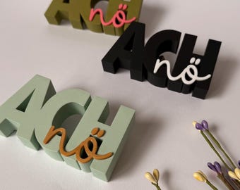 May include: Three-dimensional wooden word art spelling "ACH nö" in various colors. The letters "ACH" are in green, black, and light green, with the word "nö" in pink, white, and orange. Decorative floral stems are in the background.