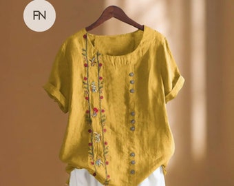 Neu : Baumwolle Leinen Stickerei Damen Hemden - Elegant Vintage Blumen Kurzarm, Strand Casual Workwear Tops Blusen, Sommer Neu, 5XL