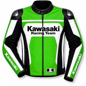 May include: A Kawasaki Racing Team motorcycle jacket in bright green, black, and white. The jacket features a full-length front zipper, a mandarin collar with a snap button, and silver shoulder protectors. Kawasaki branding is printed on the chest and sleeves.