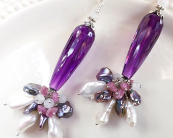Trumpet Flower Amethyst Shoulder Duster Earrings with Pink Tourmalines & Keshi Pearls in Sterling Silver