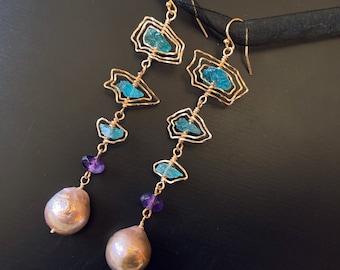 Apatite & Amethyst Shoulder Duster Earrings in Gold Filled with Big Baroque Blush Pearl Drops