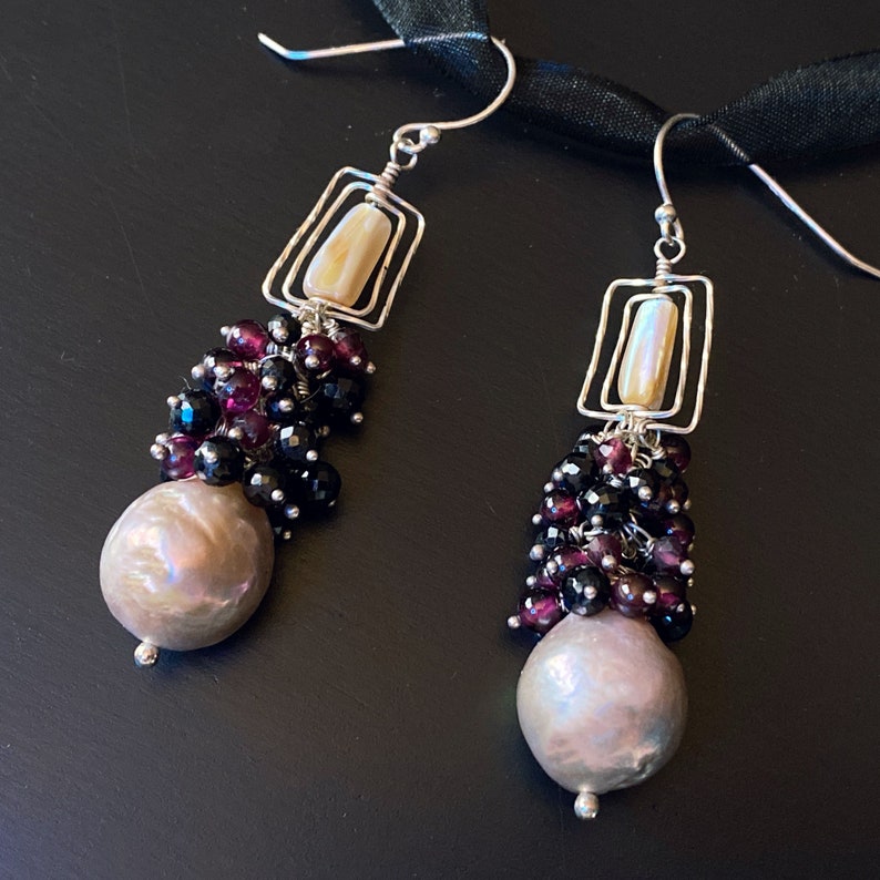 Crystal Rose Peach Pink Pearl Earrings, Shoulder Duster Garnet & Black Spinel Drop Earrings, January Birthday Gift for Her, Healing Jewelry image 7